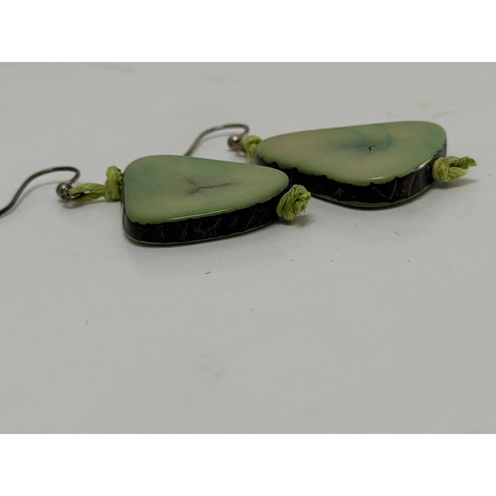 Artisan Tagua Nut Drop Earrings Sage Green Organic Vegetable Ivory Boho Dangle